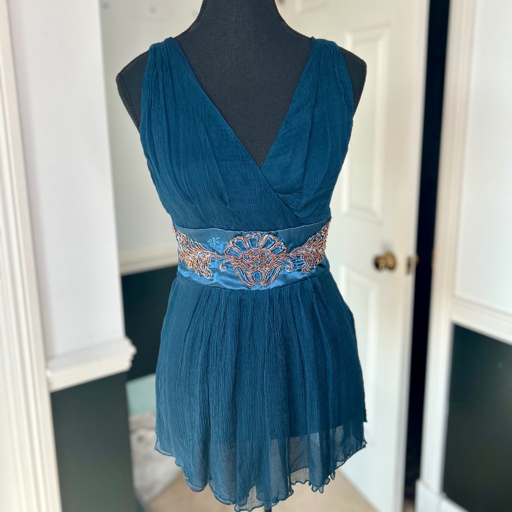 Sugar Lips Blue Crepe Blouse with a Beaded Satin Band and Tie Size M 100% Silk
